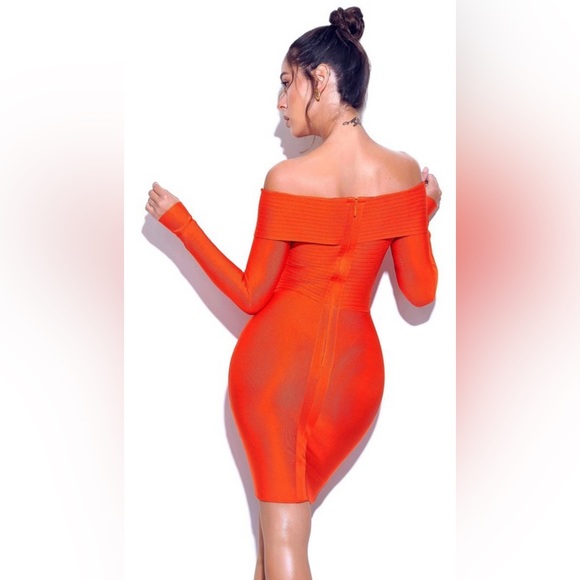 Sierra orange off shoulder long sleeve mini bandage dress - Picture 3 of 5